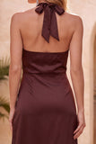 Cabernet Halter Satin Sheath Midi Wedding Guest Dress with Lace Slit