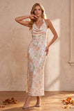 Ivory Sheath Halter Cowl Sequins Midi Wedding Guest Dress with Lace