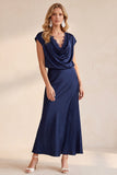 Navy Cowl Neck Sheath Satin Lace Midi Wedding Guest Dress with Cap Sleeves
