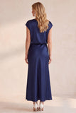 Navy Cowl Neck Sheath Satin Lace Midi Wedding Guest Dress with Cap Sleeves