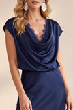 Navy Cowl Neck Sheath Satin Lace Midi Wedding Guest Dress with Cap Sleeves
