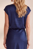 Navy Cowl Neck Sheath Satin Lace Midi Wedding Guest Dress with Cap Sleeves