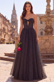 Black A-Line Polka Dots Keyhole Tulle Corset Strapless Long Prom Dress with Bow