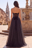 Black A-Line Polka Dots Keyhole Tulle Corset Strapless Long Prom Dress with Bow