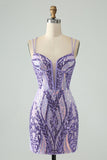 Sparkly Dark Purple Spaghetti Straps Corset Short Homecoming Dress with Sequins