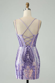 Sparkly Dark Purple Spaghetti Straps Corset Homecoming Dress with Sequins