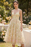Light Yellow Corset Spaghetti Straps Floral A Line Midi Dress