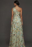 Floral Mauve One Shoulder A Line Embroidered Long Prom Dress with Slit