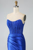 Load image into Gallery viewer, Royal Blue Mermaid Strapless Long Corset Prom Dress with Slit