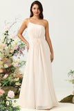 One Shoulder Sleeveless Champagne Long Bridesmaid Dress