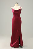 Burgundy Satin Sheath Halter Plus Size Bridesmaid Dress With Slit