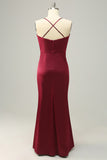 Burgundy Satin Sheath Halter Plus Size Bridesmaid Dress With Slit