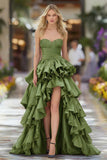Army Green Ruffled A Line Strapless Long Prom Dress with High Slit