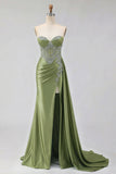 Sweetheart Mermaid Beaded Mint Green Long Prom Dress with Slit
