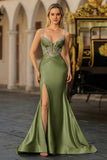 Dusty Blue Mermaid Beaded Corset Sequins Long Prom Dress with Slit