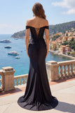 Off The Shoulder Black Mermaid Appliqued Satin Prom Dress