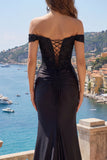 Off The Shoulder Black Mermaid Appliqued Satin Prom Dress