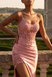 Blush Mermaid Appliqued Corset Long Prom Dress with Slit