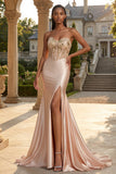 Strapless Champagne Mermaid Corset Appliqued Long Prom Dress with Slit