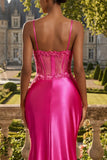 Fuchsia Floral Beaded Mermaid Corset Long Prom Dress with Slit