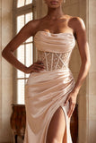 Strapless Champagne Mermaid Beaded Ruched Long Prom Dress with Slit