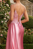 Pink Appliqued Mermaid Spaghetti Straps Long Prom Dress with Slit