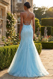 Mermaid Blue Appliqued Spaghetti Straps Long Prom Dress