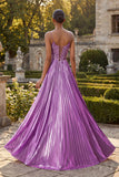 Purple A Line Appliqued Pleated Long Prom Dress with Slit