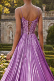 Purple A Line Appliqued Pleated Long Prom Dress with Slit