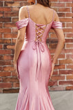 Blush Cold Shoulder Ruched Mermaid Satin Prom Dress