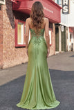 Green Corset Mermaid Spaghetti Straps Satin Long Prom Dress with Slit