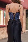 Black Beaded Mermaid Satin Prom Dress with Slit