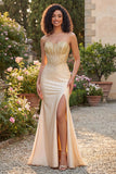 Sweetheart Champagne Beaded Mermaid Corset Long Prom Dress with Slit