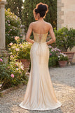 Sweetheart Champagne Beaded Mermaid Corset Long Prom Dress with Slit