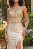 Sweetheart Champagne Beaded Mermaid Corset Long Prom Dress with Slit