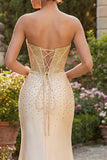 Sweetheart Champagne Beaded Mermaid Corset Long Prom Dress with Slit