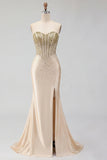 Sweetheart Champagne Beaded Mermaid Corset Long Prom Dress with Slit