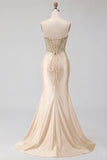 Sweetheart Champagne Beaded Mermaid Corset Long Prom Dress with Slit