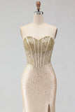 Sweetheart Champagne Beaded Mermaid Corset Long Prom Dress with Slit