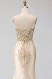 Sweetheart Champagne Beaded Mermaid Corset Long Prom Dress with Slit