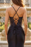 Black Beaded Mermaid Corset Ruched Long Prom Dress with Slit
