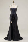 Black Beaded Mermaid Corset Ruched Long Prom Dress with Slit