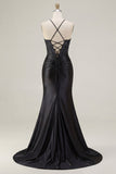 Black Beaded Mermaid Corset Ruched Long Prom Dress with Slit