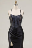 Black Beaded Mermaid Corset Ruched Long Prom Dress with Slit