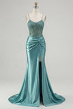 Blue Mermaid Corset Appliqued Long Prom Dress with Slit