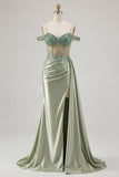 Cold Shoulder Light Green Mermaid Sequin Corset Long Prom Dress with Slit