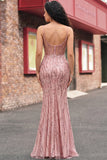 Sequin Blush Mermaid Corset Prom Dress with Slit