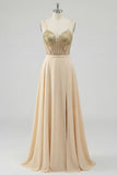 Champagne Sequin A Line Sheer Corset Long Prom Dress with Slit