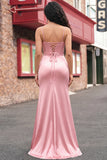 Blush Mermaid Corset Pleated Lace Up Back Long Prom Dress with Slit