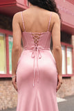 Blush Mermaid Corset Pleated Lace Up Back Long Prom Dress with Slit